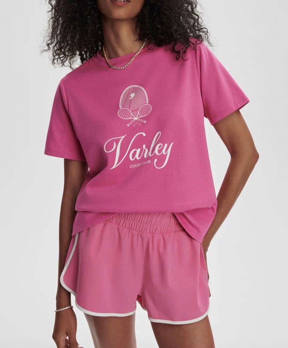 NWT Varley Coventry Branded Tennis Club Graphic Tee T-Shirt Ibis Rose Pink XS